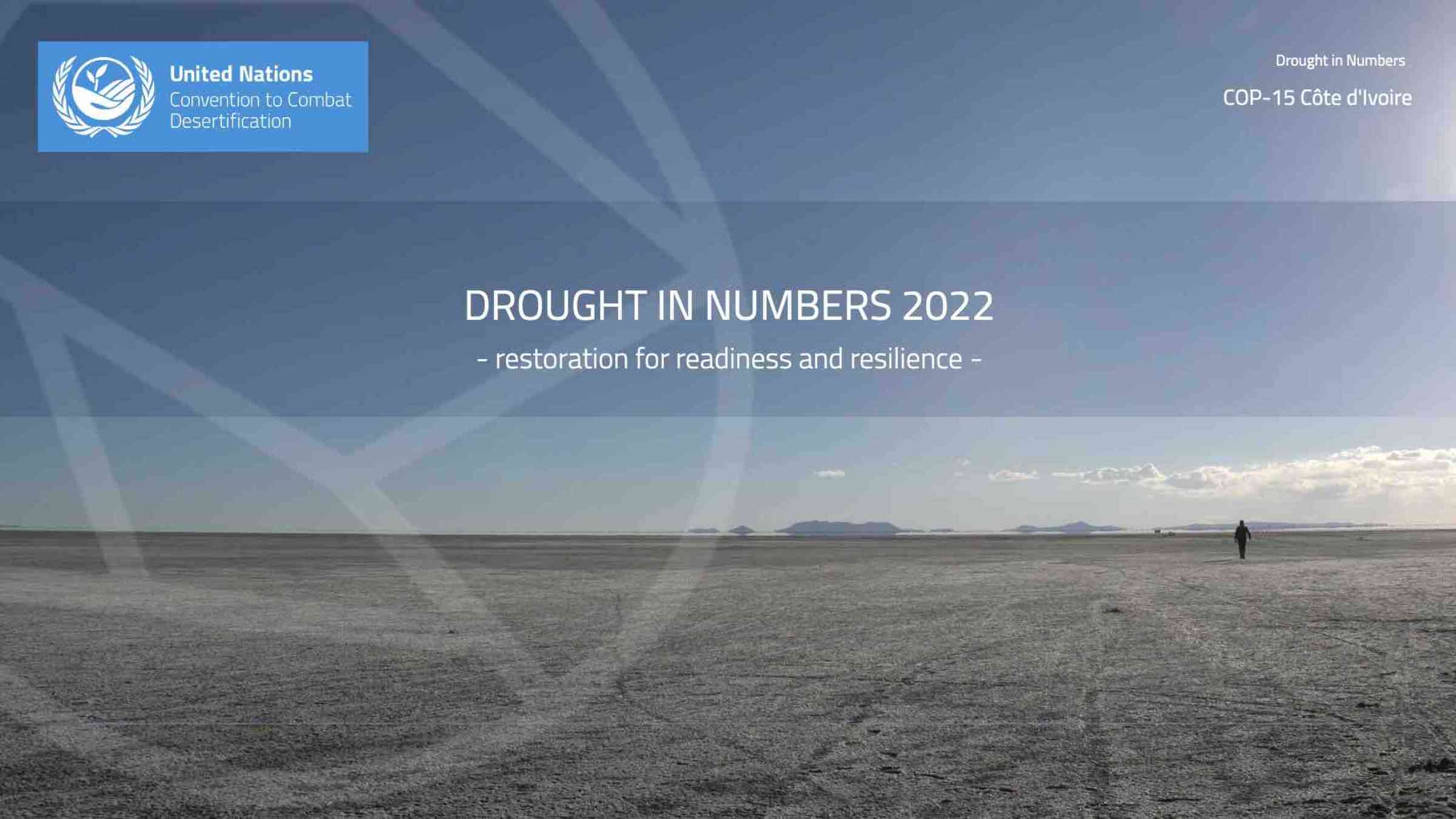 Cover of the UNCCD report: person in distance walking in a dry, flat landscape