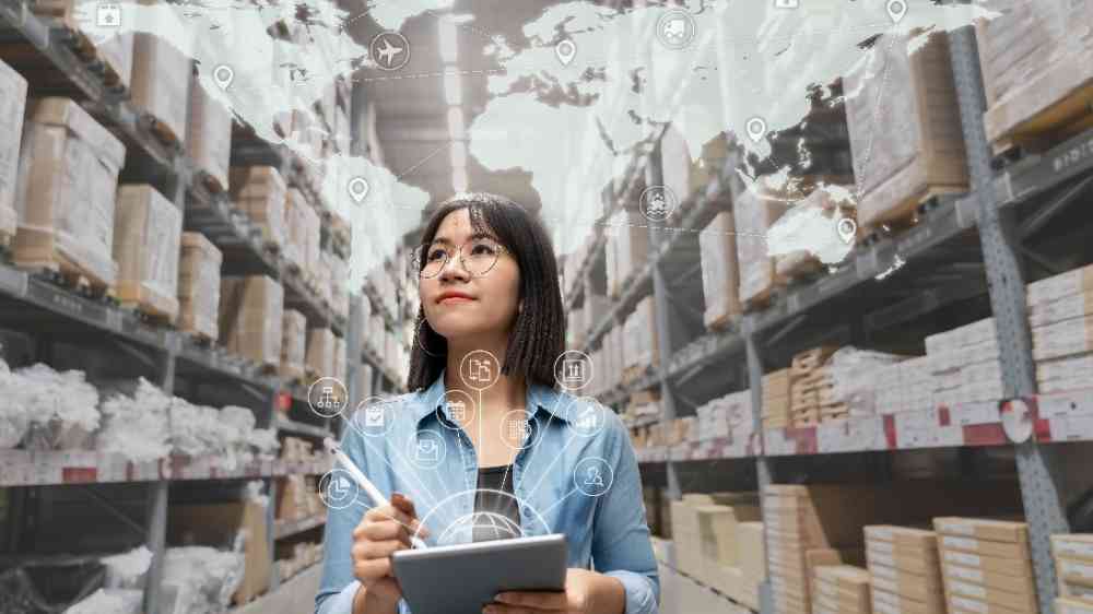 Portrait of an entrepreneur looking at inventory in a warehouse, using smart management technologies, engaged in interconnected industrial relations and small businesses.